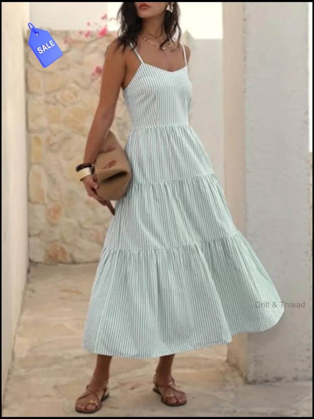 Sleeveless Halter Neck Midi Sundress with Pockets Adjustable Straps - Picture 3 of 7